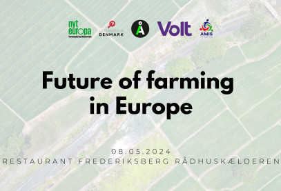 Farmland background, name of event with logos from Volt, Alternativet, Nyt europa, Last Week in Denmark and AMIS